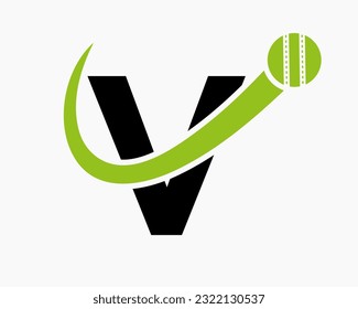 Concepto De Logo De Cricket V Con Icono De Pelota Trasladada Para Símbolo De Club De Cricket. Signo de criquet