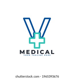Letter V cross plus logo. Linear Style. Usable for Business, Science, Healthcare, Medical, Hospital and Nature Logos.