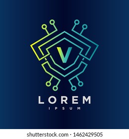 Letter V Cyber, Security, technology link Logo Design Vector Template. gradient blue color
