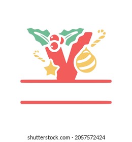 The letter V is decorated with mistletoe and Christmas elements, personalized monogram, vector logo, emblems or initial design.
