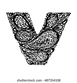 Letter V. Decorative Alphabet with a paisley zen doodle tattoo ornaments filling. Display font and numbers. Hand drawn letters in vintage style. Used for quote lettering.