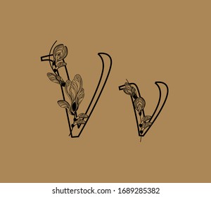 Letter V. Decorative font with floral ornaments from maple lionfish. Ecological typography