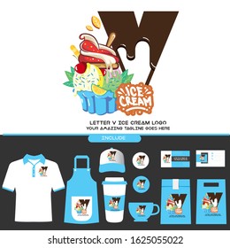 Letter V Delicious Chocolate Ice Cream Cup Logo on White Background for Ice Cream Shop with Brand Identity Include Shirt. Apron. Hat. Cup. Pin. Glass. Business Card. Paper Bag