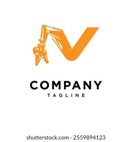 Letter V Demolition Excavator Logo Icon Vector