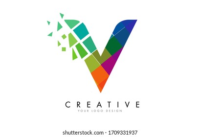 Letter V Design with Rainbow Shattered Blocks Vector Illustration. Pixel art of the V letter logo. 