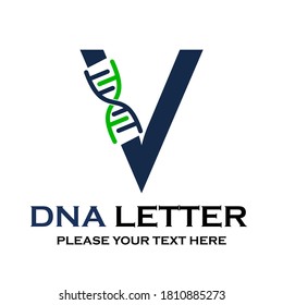 Letter v DNA logo template. Design with chromosome symbol. Suitable for research, science, medical, logotype, technology, lab, molecule, protein, nucleus etc