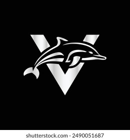 Letter V with Dolphin Logo. Modern Letter V with Dolphin Logo Design.