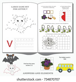 Letter V. Dot to dot educational game for kids.