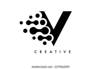 Letter V Dots Logo Design with Black and White Colors on Black Background Vector. Bubbles Letter Logo Icon Vector Illustration