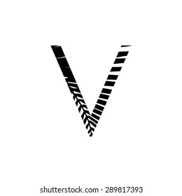 Letter V double exposure with black palm leaf  isolated. Vector illustration.Black and white double exposure silhouette letters combined with photograph of nature. 