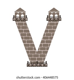 Letter "V" drawn in the form of a stone building in the old style. Creative vector symbol, suitable for decoration of cards and labels.