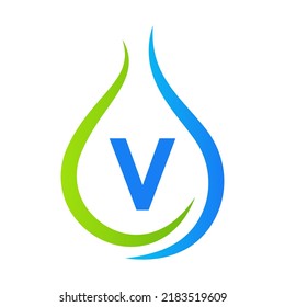 Letter V Drop Water Logo Design Vector Template. Minimal Water Logo Sign