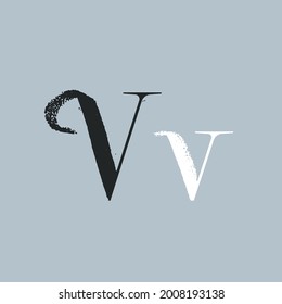 Letter V with dry brush stroke and serif. Vintage font with rough edges decoration elements. Perfect to use in any fashion labels, glamour posters, luxury identity, etc.