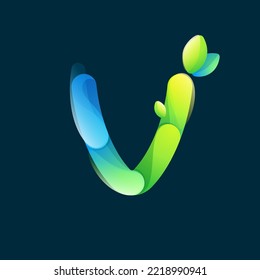 Letter V eco logo with gradient lines with green leaf. Environment friendly icon made of overlapping parts. Perfect for agriculture art, waste recycling app design, healthy food packaging.