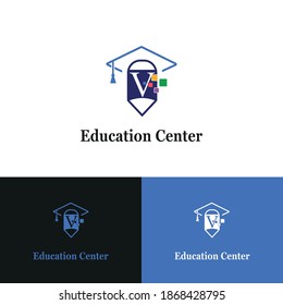 Letter V education and academy logo concept with pencil and toga hat for techno theme