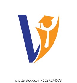 Letter V Education Logo Concept With Graduation Hat. Academy Graduation Logo Symbol