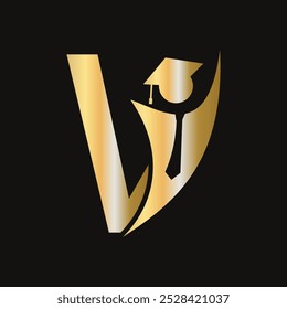 Letter V Education Logo Concept With Graduation Hat. Academy Graduation Logo Symbol