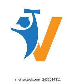 Letter V Education Logo Design. Graduation Symbol With Human Holding Graduation Paper Icon