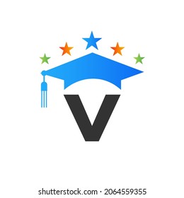 Letter V Education Logo Initial Graduation Cap Concept. Education Logo Design Template With V Letter Graduate Hat Vector Template