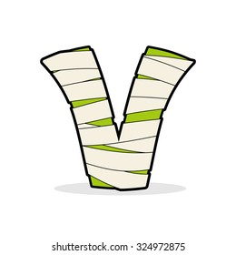 Letter V Egyptian zombies. Mummy ABC icon coiled medical bandages. Monster template elements alphabet. Scary concept type as logo.