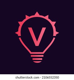 Letter V Electric Logo, Letter V With Light Bulb Vector Template. Eco Energy Power Electricity, Think Idea, Inspiration, Energy Recycle Concept