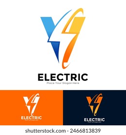 Letter V Electric Logo vector design. Suitable for initial Lightning Bolt,  corporate, technology, and poster illustration symbol