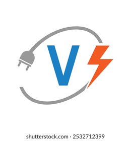 Letter V Electrical Logo Concept With Electric Plug and Power Symbol. Electric Logo Design