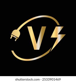 Letter V Electrical Logo Concept With Electric Plug and Power Symbol