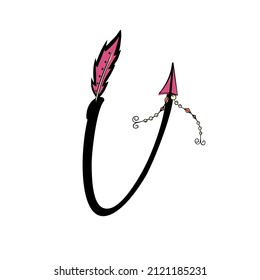 Letter V of English. Latin alphabet letter decorated with feathers and arrows, monogram vector illustration in simple boho style, indian flat decorative inscription