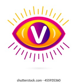 Letter V with eye icon on white. Vector eye care logo template.