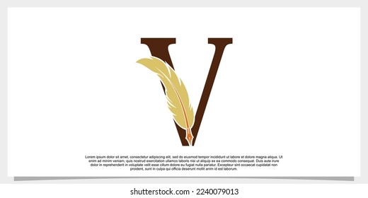 letter v feather logo design with feather pen icon concept