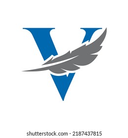 Plantilla de vectores con el logotipo de la pluma de la letra V. Símbolo de piel de pájaro con logotipo legal