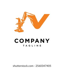 Letter V Feller Buncher Excavator Logo Icon Vector