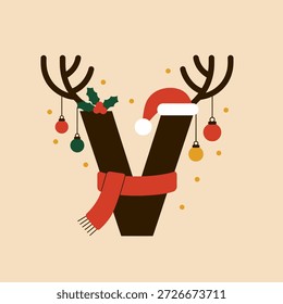 Letter V festliches Monogramm, brauner Holzstil, Weihnachtsmütze, Geweih, Ornamente, roter Schal, minimalistischer Urlaubsvektor