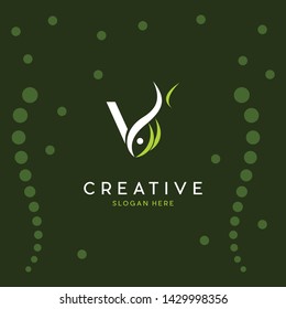 Letter V Fish With Background Water Bubbles Logo