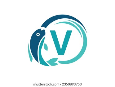 Letter V Fish Logo design. Water Animal icon. Font emblem. Modern vector logotype for business and company identity.