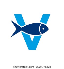 Letter V Fish Logo, Ocean Logo Vector Template 