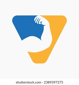 Letter V Fitness Logo Design. Arm Logo Icon Design. Gym Symbol