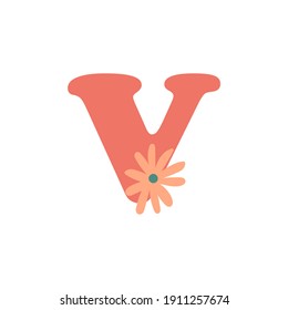 Letter V with floral decoration in flat cartoon style. Vector illustration