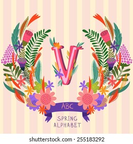 The letter V. Floral hand drawn monogram made of flowers and leafs in vector. Spring floral ABC element in vector. Can be used for posters, cards, blogs, backgrounds and any  stylish designs
