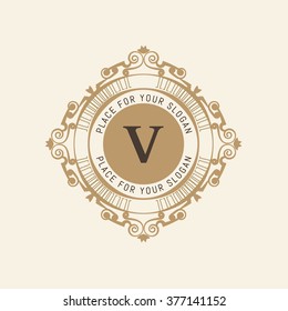 The letter V. Flourishes calligraphic monogram emblem template. Luxury elegant frame ornament line logo design vector illustration. Example designs for Cafe, Hotel, Heraldic, Restaurant, Boutique