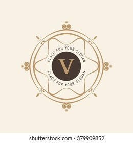 The letter V. Flourishes calligraphic monogram emblem template. Luxury elegant frame ornament line logo design vector illustration. Example designs for Cafe, Hotel, Heraldic, Restaurant, Boutique