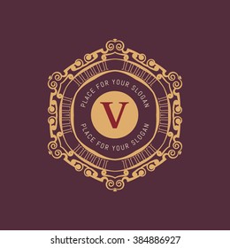 The letter V. Flourishes calligraphic monogram emblem template. Luxury elegant frame ornament line logo design vector illustration. Example designs for Cafe, Hotel, Heraldic, Restaurant, Boutique