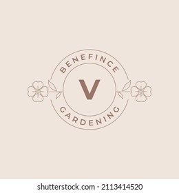 Letra V Modelo de diseño de emblema de logotipos de flor con plantas botánicas e iluminación de vectores de Petals Estilo de arte de línea mínimo. Símbolos de esquema para la promoción de marca de cosméticos y embalajes o productos florales