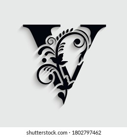 Blumenschmuck des Buchstaben V. Vektorlogo. Monogramm-Alphabet. Schöne Blumenschrift