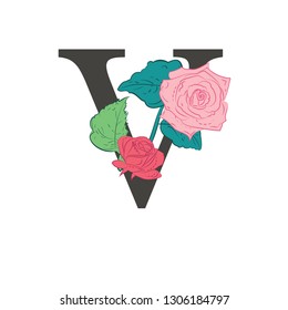 Letter V with flowers. Composition of the letter and floral elements on a white background. Illustration in vintage style in pastel colors.