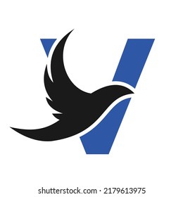 Signo vectorial de la plantilla del logotipo de pájaro volador de la letra V. Logo de Dove Bird en el concepto de la letra V