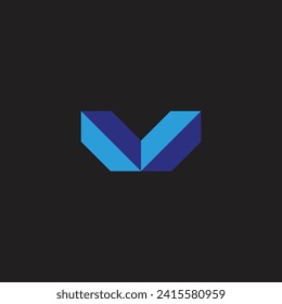 Letra V pliegue, símbolo geométrico azul simple vector logo