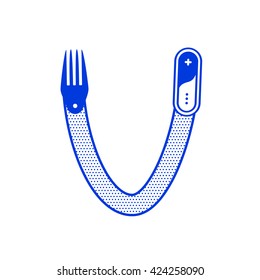 Letter V with fork in minimal outline design. Vector logo illustration for your application or restaurant