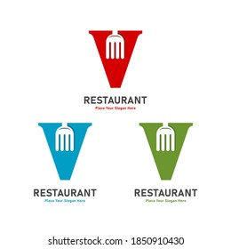 Letter V with fork vector logo template. Suitable for business, restaurant, menu, symbol cooking and culinary